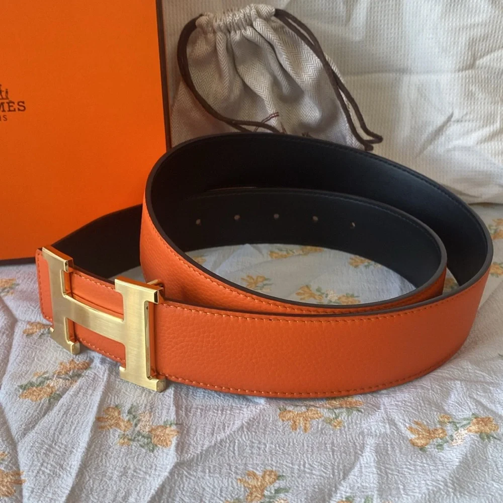 Double Sided Belt Metal Belt H Buckle Hermes Orange/Black